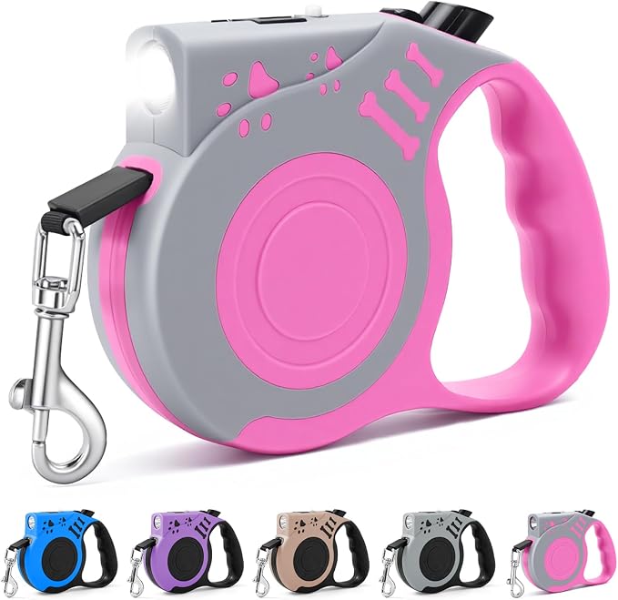 Retractable Dog Leash with USB Rechargeable Flashlight, Pink | 16FT Automatic Telescopic Tractor Dog Leash, Durable ABS Case and Comfort Grip, Designed for Small Medium Dogs Up to 30lbs by COSOWO