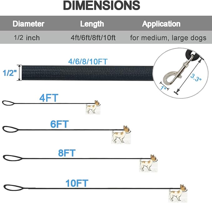 MayPaw 4/6 /8/10 FT Dog Leash, Classic Solid Colors, Strong Nylon Rope Dog Leash Reinforced with Leather Tailor Connection Heavy Duty Silver Clasp (Black, 4ft*1/2") - Image 4
