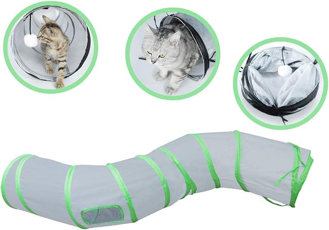 PetLike S Way Cat Tunnel Collapsible Pop-up Pet Tube Hideaway Play Toy with Ball (S-Way, Grey and Green) by PetsLikePetLike