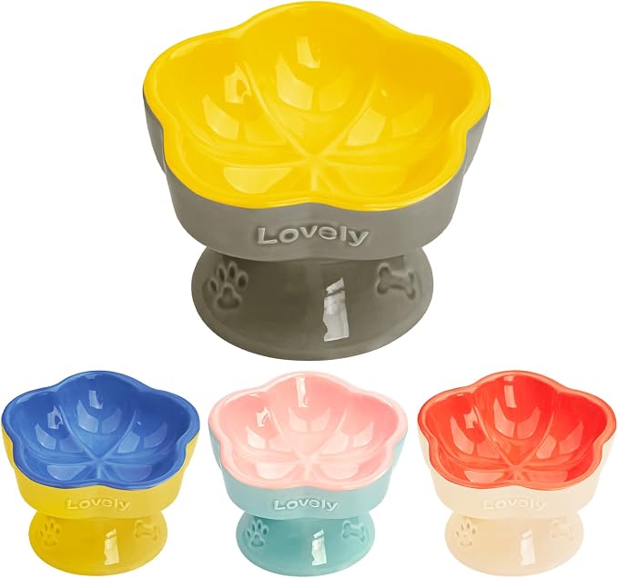 S&Q's CERAMICS Raised Cat Bowl, Elevated Cat Bowl for Food and Water, Ceramic Titled Dish, Anti Vomit & Whisker Friendly, Microwave and Dishwasher Safe (Yellow, 5.8") by SQsCeramics