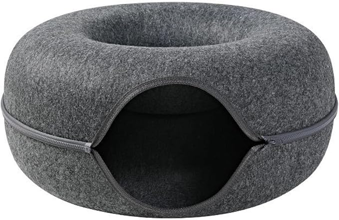 Felt Cat Cave Bed with Removable Cover, Cozy Pet Shelter for Indoor Cats, Zippered Washable Cat House with Roomy Interior (Dark Gray, for Cats Under 15 lbs, Donut Tunnel Style) by YolieraArt