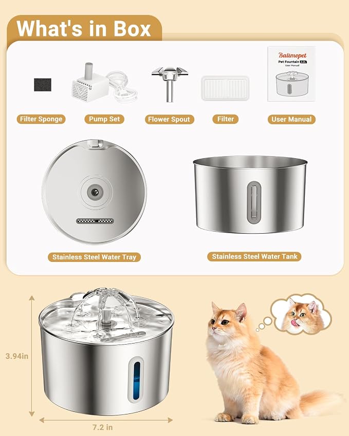 Cat Water Fountain Stainless Steel - 74oz/2.2L Automatic Large Pet Watering Bowl Dispenser for Indoor Cats - Drinking Fountains with 6 Filter, Gifts for Dogs and Kitty - Dog Waterer Bowls No Spill - Image 7