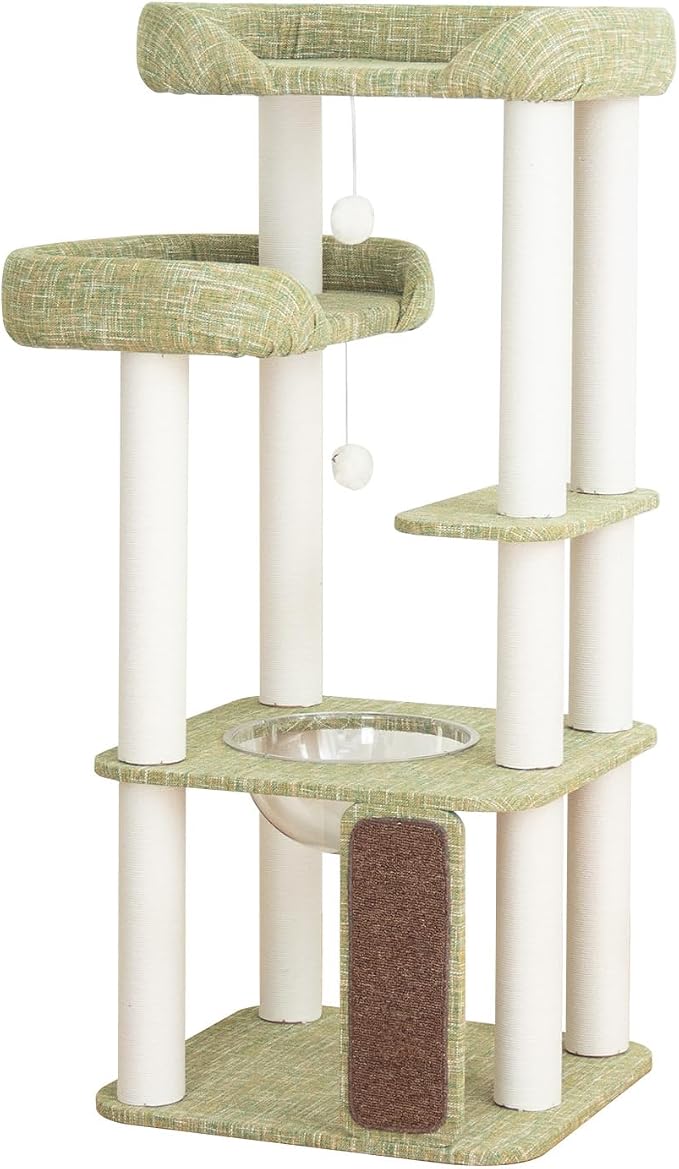 Mordern Cat Tree Tower, Freestanding, Cushioned Bed, Large Base, for Multiple Cats, Compact,Winter and Summer Use, Summer Mat Included, for Large Cats (Olive Green, Height 135cm) by LULUCATcattree