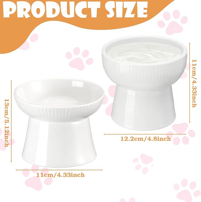 2 Pcs Cat Elevated Ceramic Bowls Raised Cat Food and Water Dishes, High Edge, Anti Vomiting Cats Feeder Bowl for Pets Kitten Puppies Dry Wet Food and Water, Dishwasher Safe - Image 2