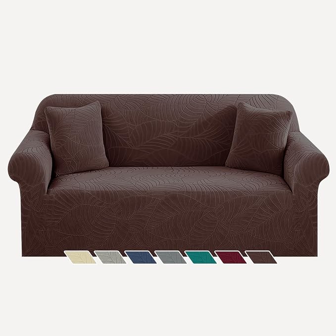 YEMYHOM Couch Cover Latest Jacquard Design High Stretch Sofa Covers for 2 Cushion Couch, Pet Dog Cat Proof Loveseat Slipcover Non Slip Elastic Furniture Protector (Medium, Begonia Leaf Coffee) by YEMYHOM