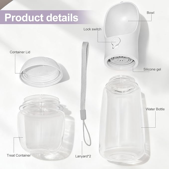 Portable Dog Water Bottle with Food Container, Drinking Bottle for Travel | 2 in 1 Dog Water Bowl, Leak Proof Pet Water Dispenser, BPA Free, Puppy Essentials, for Walking Hiking (White,19oz) - Image 2