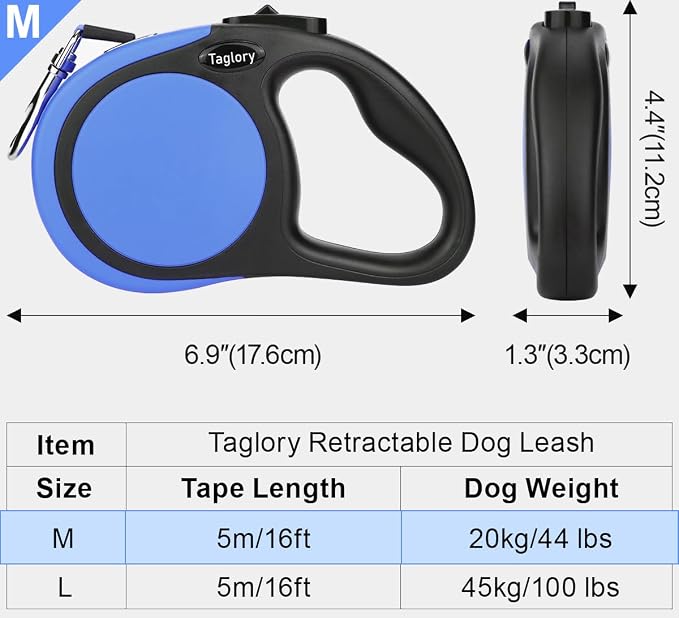 Taglory Retractable Dog Leash, One-Handed Brake, 16ft, Up to 44 lbs, Blue | More Freedom While Staying in Control, Smooth Retraction, Tangle-Free Design, Easy-Grip Handle, Daily Neighborhood Walks - Image 4