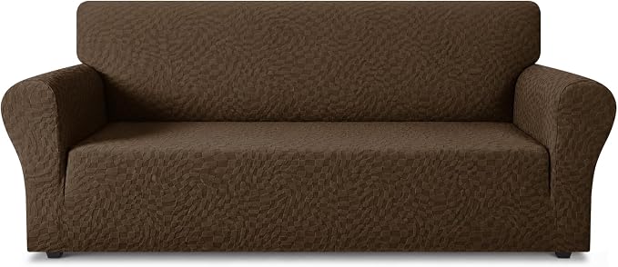 ZNSAYOTX 1 Piece Stretch Sofa Covers for 3 Cushion Couch (72"-90"), New Plaid Couch Cover with Non-Slip Buckle for Dog Pets, Ultimate Soft Cozy Washable Sofa Slipcover Form Fit Protector, Coffee by ZNSAYOTX