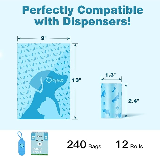 Joyeux 240 Count Ocean Scent Dog Poop Bags Rolls,with Dispenser,Leak-Proof Large Doggie,Extra Thick Poop Bag for Dogs,Cats Litter Bags,Blue Trash Bags for Doggy Pets Bolsa de Popo de Perro (Pack of 2) - Image 5