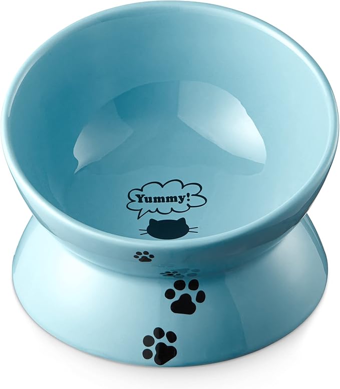 Y YHY Elevated Cat Food Bowl, Ceramic Raised Bowl, Tilt Angle Protects Cat's Spine, Anti Vomiting Dish, Backflow Prevention, Lake Blue by YYHY