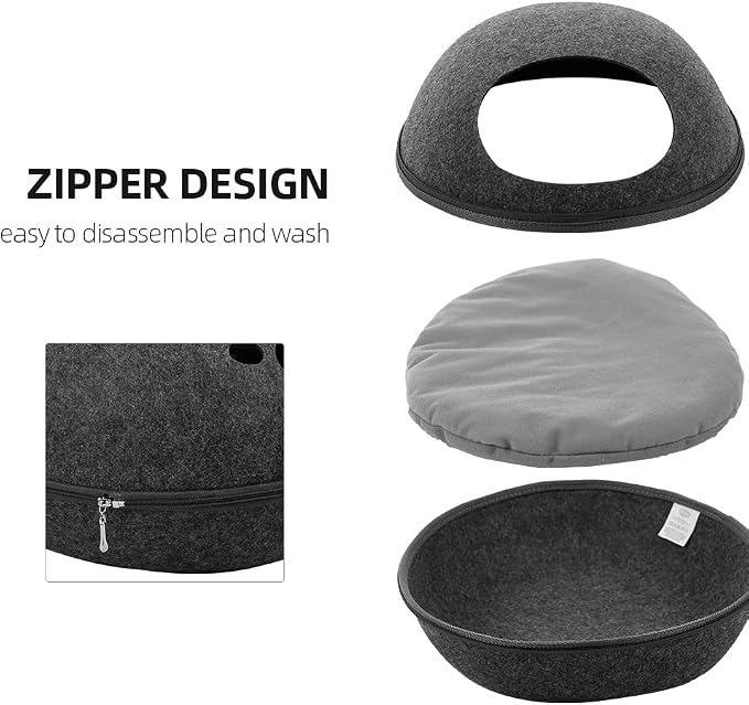 Felt Cat Cave Bed with Removable Cover, Cozy Pet Shelter for Indoor Cats, Zippered Washable Cat House with Roomy Interior (Light Gray, for Cats Under 15 lbs, Eggshell Dome Cat Bed) - Image 5