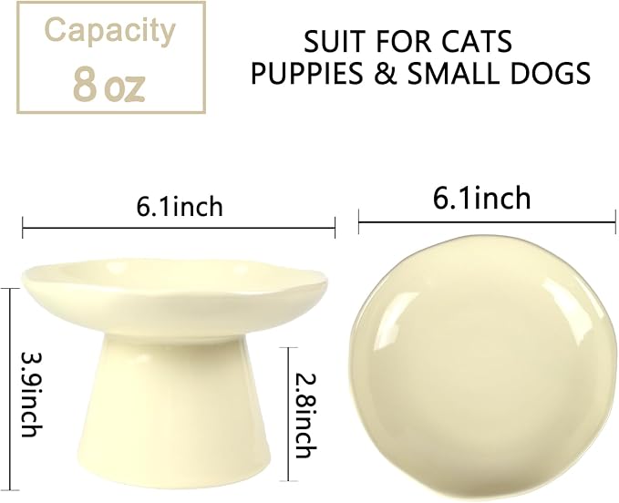 Wide Shallow 6.1" Raised Cat Bowls, Ceramic Elevated Food Plate for Flat Faced Cats and Small Dogs, Porcelain Feeder Bowl, Stress Free, Protect Cat’s Spine, Cream - Image 2