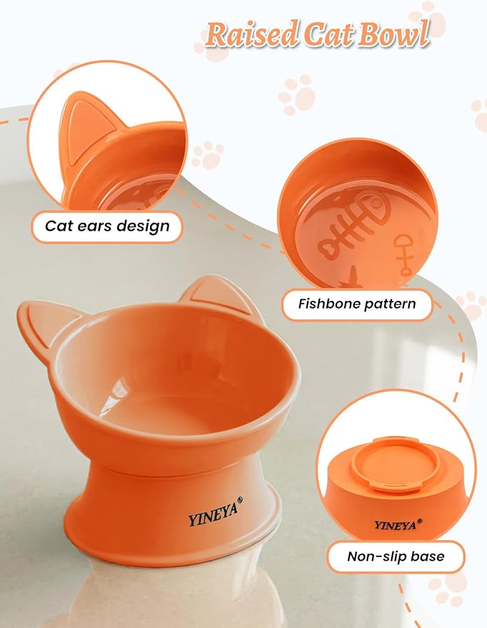 YINEYA Elevated Cat Bowls 2 Pcs, Cat Food Bowl to Protect Neck & Anti-Vomit, Whisker-Friendly Raised Food and Water Bowls Set for Indoor Cats/Small Dogs, Cute Pet Feeding Bowl 6 OZ Each, Orange&Green - Image 5