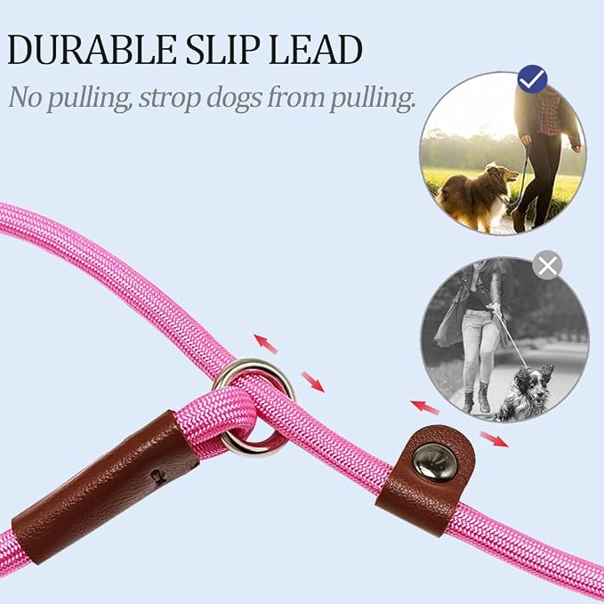 MayPaw Slip Lead Control Leash for Dogs No Pull, 13+ Colors Classic Dog Lead 7FT Pet Slip Leash, 1/4” Rope Leashes for Small Medium Animals (7ft*1/4", Pink) - Image 3