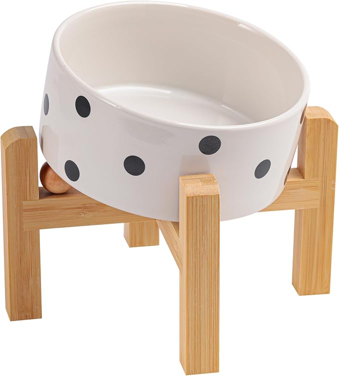 Elevated/Raised 15°Tilted Anti Slip Ceramic Dog Bowl for Small/Medium Breeds,Slanted Bulldog Big Face Pet Food Water Feeding Dish with Stand for Cats and Dogs (3.6 Cups/28 OZ) Black Dot by DJJJOOYSCeramicDogBowl