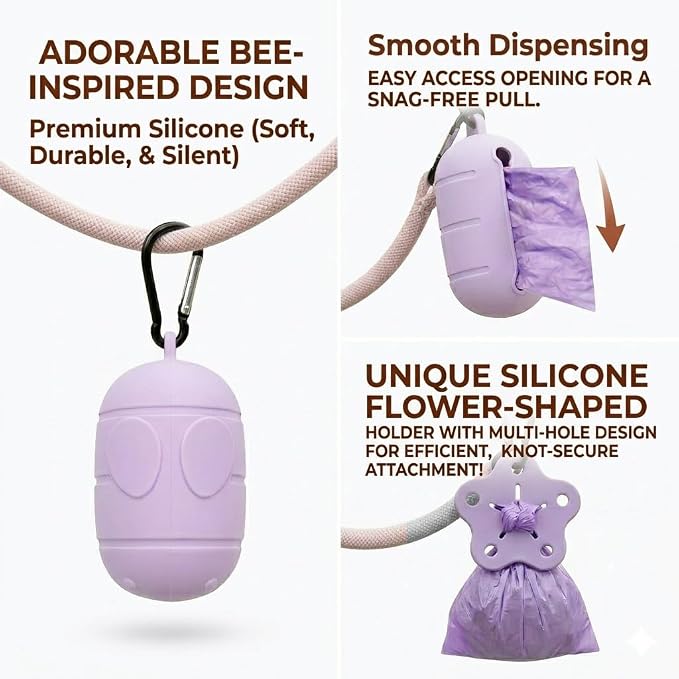 Dog Poop Bag Holder for Leash, 3 PCS Silicone Waste Bag Dispenser | Hands-Free poop knot carrier charm set, walking Accessories,Quiet Pet Gear with Metal Carabiner Clip (Purple/Grey/Navy) - Image 6