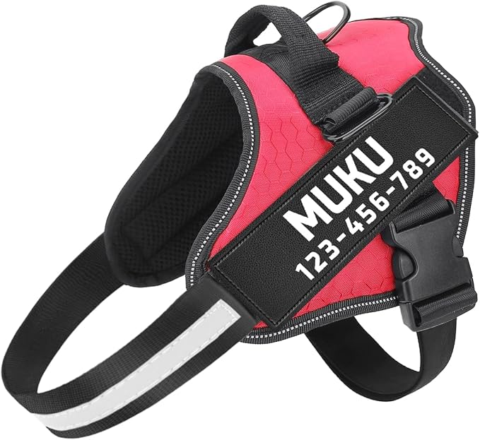 MUMUPET Custom Dog Harness Vest with 2 Personalized Name & Phone Patches | No Pull Reflective Adjustable with Handle, Soft Breathable Padding for Medium Dogs (Red, M) by mumupet