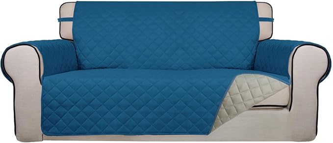 PureFit Reversible Quilted Couch Covers for Dogs Loveseat Sofa Cover 54" | Peacock Blue/Beige, Water Resistant Couch Protector, Washable Pet Couch Cover with Non Slip and Elastic Straps For Kids by PureFit