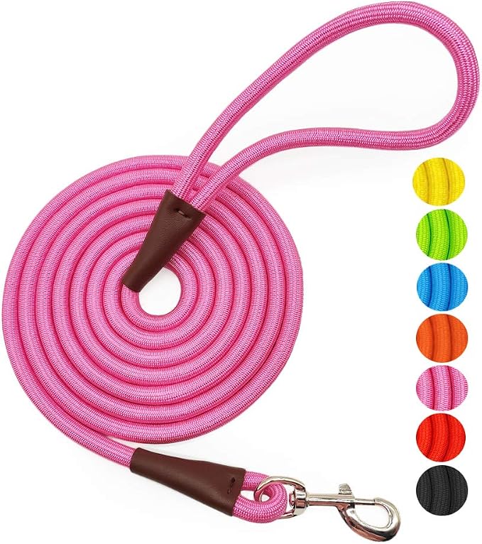 MayPaw 4/6 /8/10 FT Dog Leash, Classic Solid Colors, Strong Nylon Rope Dog Leash Reinforced with Leather Tailor Connection Heavy Duty Silver Clasp (Pink, 4ft*1/2") by MayPaw