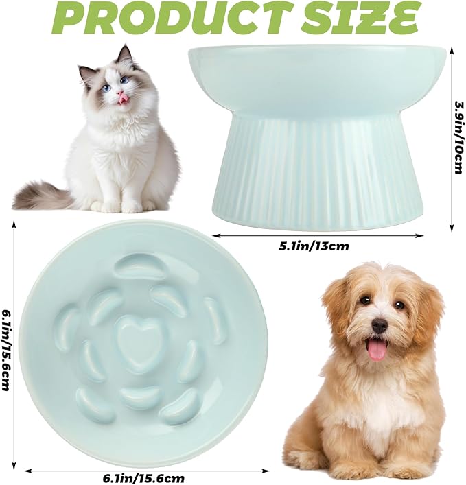 ABuff 2 Pack Raised Cat Slow Feeder, Elevated Slow Feed Dish for Cats and Small Dogs, Ceramic Slow Feeder Cat Bowl, No Spill High Edge for Dry/Wet Food(Blue, Green) - Image 2
