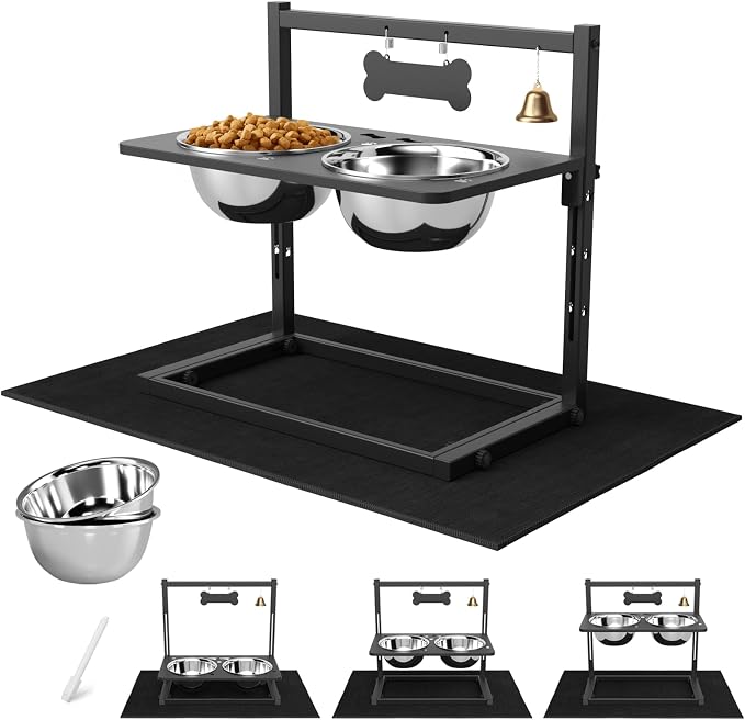 SHAINFUN Elevated Dog Bowls with Mat, Adjustable Height 4.3''-11.8'', Metal Stand, Two 1.7L Stainless Steel Food & Water Bowls for Large, Medium Dogs by SHAINFUN