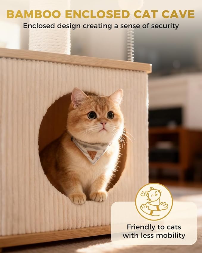 Small Cat Tree for Indoor Kittens, 30" Compact Modern Cat Tower | Natural Bamboo Cozy Condo, Soft Padded Perch, Sisal Scratching Post, Dangling Ball Toy, Stable Base, for Cats up to 15 lbs - Image 3