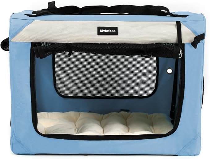 Large Cat Carrier Collapsible Travel Dog Crate Portable Soft-Sided Pet Kennel with Super Soft Warm Plush Pillow for Indoor and Outdoor 24x16x16in,Sky Blue - Image 3