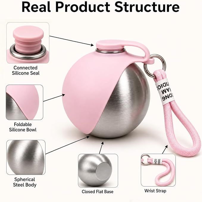 Portable Dog Water Bottle, Flip-Top Silicone Bowl Design, Insulated Hot & Cold Retention Material, One-Hand Leakproof Use, Perfect for Walking & Hiking, 10oz (Pink, No Print) - Image 7