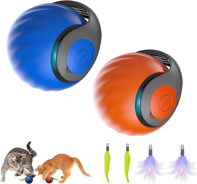 Interactive Cat Toys for Indoor Cats, 2Packs and 4 Tails | Safe and Environmentally Friendly Material, Two Speed Modes, USB Charging, Move Cat Toys Ball Suitable for Kittens/Adult Cats by Unknown