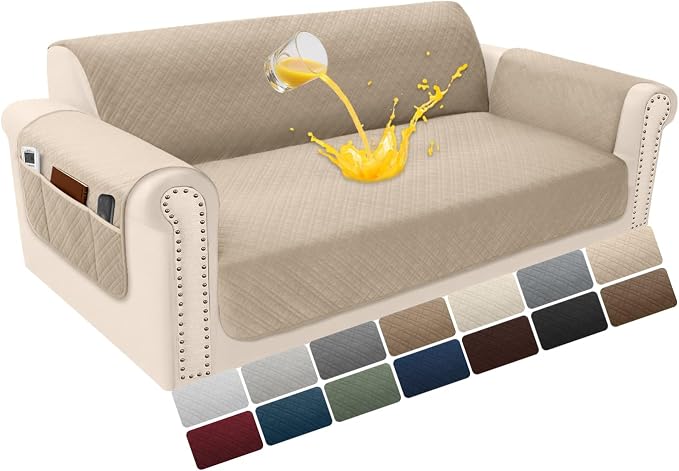 Velvet 100% Waterproof Loveseat Covers Washable Love Seat Couch Covers for 2 Cushion Couch Sofa Pet Friendly Sofa Slipcovers Dogs Furniture Protector with Pockets (Medium-XL, Light Khaki) by YUEVELLASofaCover