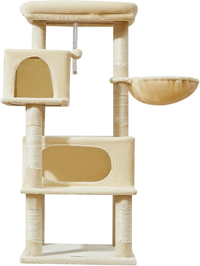 Taoqimiao Cat Tree, 49In Cat Tower for Indoor Cats Large Adult | 2 Luxurious Cat Condos, Thick Padded Top Perch, Adjustable Hanging Baskets, 5 Scratching Sisal Posts, Beige MS029LM - Image 9