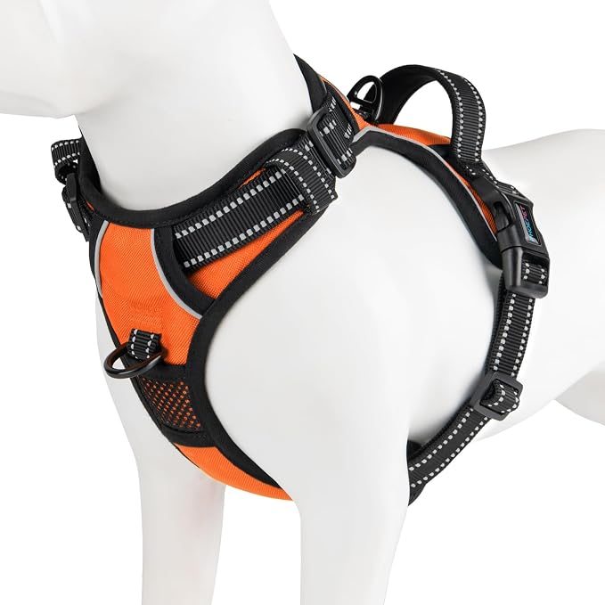 Reflective Dog Harness No Pull Large Breed Vest | with 2 Metal Leash Attachment Hooks(L, Orange) by PHOEPET