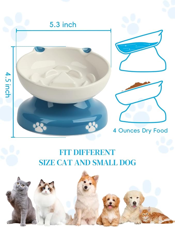 Y YHY Ceramic Slow Feeder Cat Bowl, Elevated Cat Bowl Tilted Design Slow Feeder for Dog and Cat for Dry and Wet Food, Blue - Image 3
