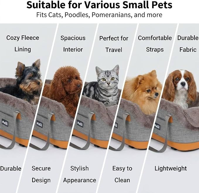 Pet Car Center Console Elevated Armrest Car Seat for Small Puppy, Dogs & Cats (Up to 10 lbs) – Dark Gray Washable Plush Carrier with Safety Leash, Fits Front Vehicle Console Space (Khaki) - Image 4