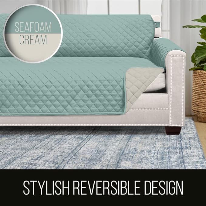 Sofa Shield® Couch Large Recliner Slip Cover with Strap, Seafoam Cream | Reversible Furniture Protector, Stain and Tear Resistant Cushion Cover, Machine Washable Slipcover for Pets, Cats 70 inch - Image 5