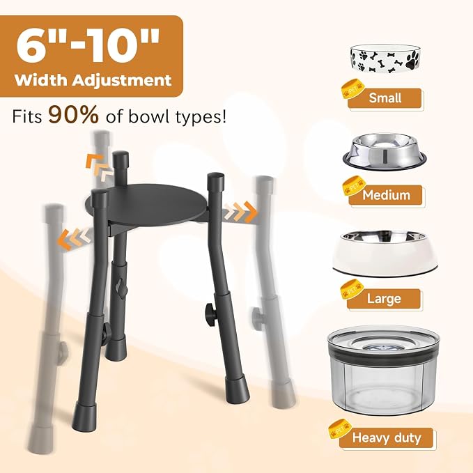 Elevated Dog Bowl Stand for Large Medium Breeds, Extra-Stable Food Feeder | Adjustable Size 4 Heights Width 6-10in, Anti-Tip Metal Raised Water Dish Holder, Non-Slip Tall Single Lifted Riser - Image 3