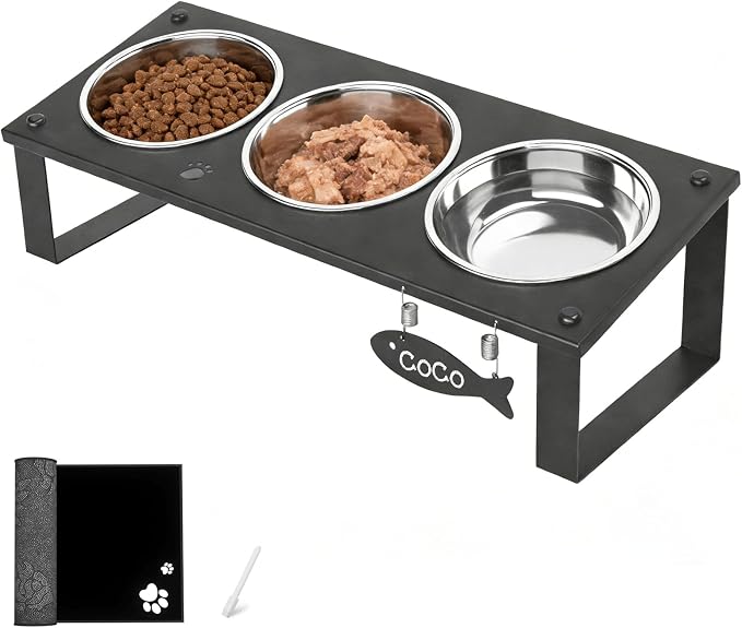 3 in 1 Elevated Cat Bowls with Splash proof Mat for Kittens, Puppies, Multi-pet Households, 10° Tilted Raised Cat Bowls Anti-Vomiting, 3 Wide Shallow Stainless Steel Bowls, Whisker Friendly, 3.5" Tall - Image 8