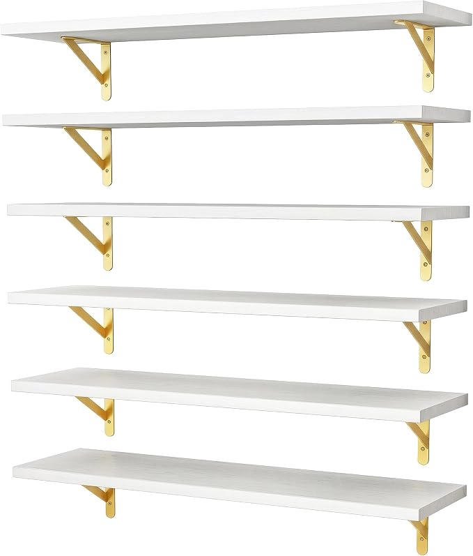 YGEOMER 23.6in Floating Shelves for Wall Home Decor, Wood, White, Set of 6 | Rustic wood shelves with metal brackets. Space-saving for books & decor. Works in bathroom, kitchen, living room & bedroom. by YGEOMER