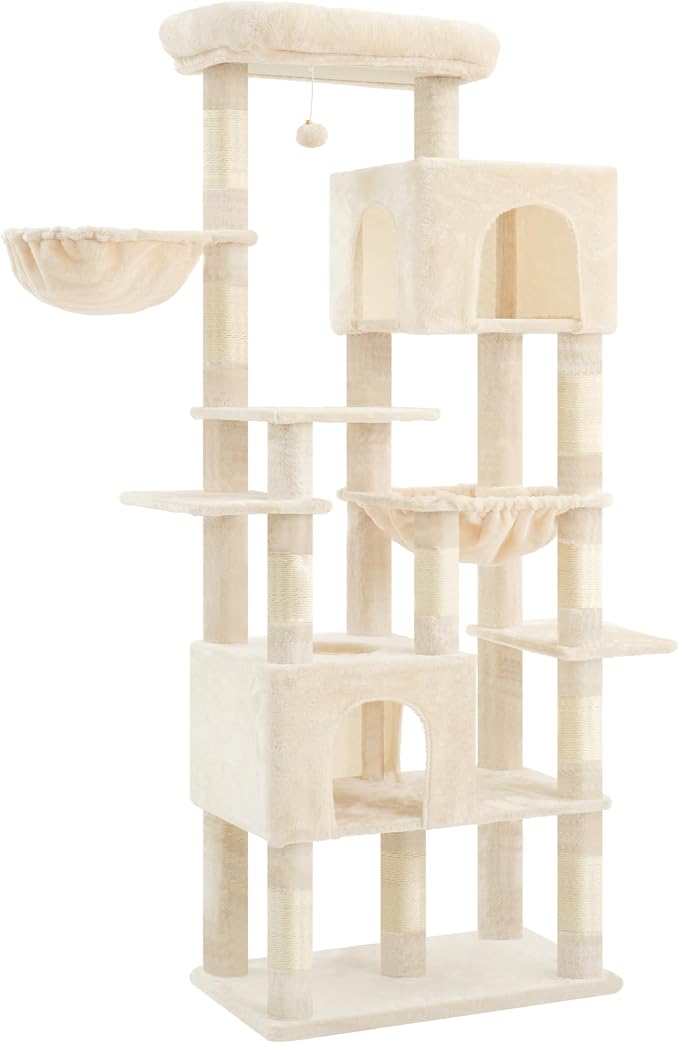 Heybly Cat Tree, 76-Inch Tall Heavy Duty Cat Tower for Big Cats HCT039M | Multi-Level Large Cat Furniture with Extra Wide Baseboard, 2 Condos & 2 Hammocks, 10 Scratching Posts, Beige - Image 4