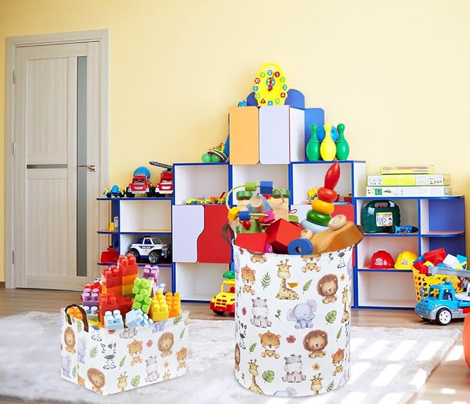 Rectangular Kids Storage Bins,Baby Baskets Organizer.Waterproof PE Coating Cute Basket with Handles.Woodland Nursery Decor,Toys Box,Books Basket, (Cute Animal) - Image 6