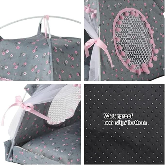 Cat Bed Tents Dog House Indoor Outdoor Lace Mesh Breathable Windows Door Curtains Removable Portable Nest Teepe House (Medium,Gray&Pink) - Image 4