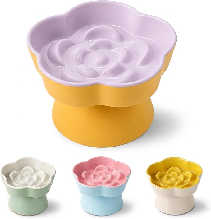 Ceramic Elevated Slow Feeder Cat Bowl, Raised and Gently Tilted Feeding Dish with Maze Design, Whisker-Friendly, Easy to Clean, for Indoor Cats and Small Dogs (Yellow/Purple) by Unknown