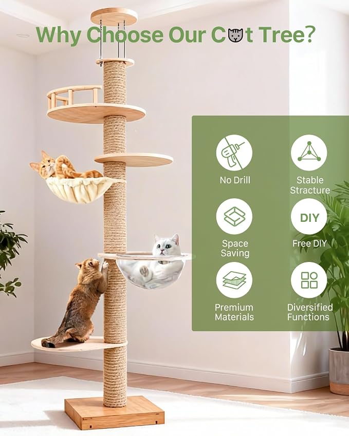 5 Level Floor to Ceiling Cat Tree,50-120in Adjustable Height Tall Cat Tower | Space-Saving Design, Heavy Duty Plywood Cat Pole with Jump Platform, Hammock & Capsule - Image 6