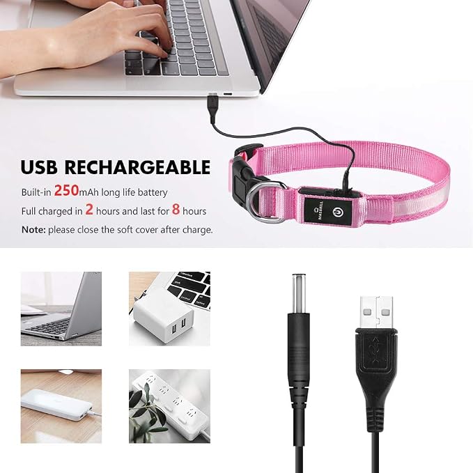 MASBRILL Light Up Dog Collar, LED Glow Collar with USB Rechargeable Lighted Bright Flashing Pink Dog Collar Waterproof for Small Medium Large Dogs, 4 Colors with 3 Sizes (S(0.98 * 15.75"), Pink) - Image 4