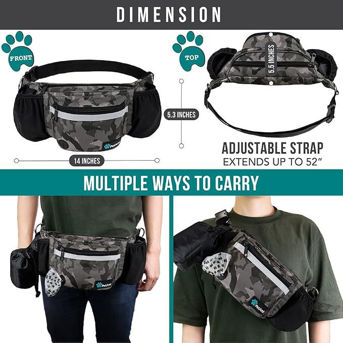 PetAmi Dog Fanny Pack, Treat Pouch for Dog Walking Training, Camo Black | Built in Poop Bag Dispenser, Water Bottle Holder, Collapsible Bowl, Pet Treat Waist Belt for Hiking Running Kibbles - Image 5