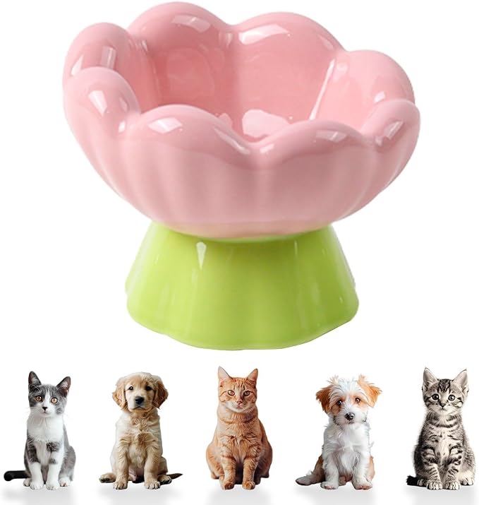 DIF DECO Ceramic Raised Cat Bowl, Pink Elevated Food Bowls for Food and Water Protecting Spine and Whisker Friendly, Tulip Shape Cute Pet Feeder Dish for Indoor Cats and Small Dogs (Height 4.1 inch) by DIFDECO