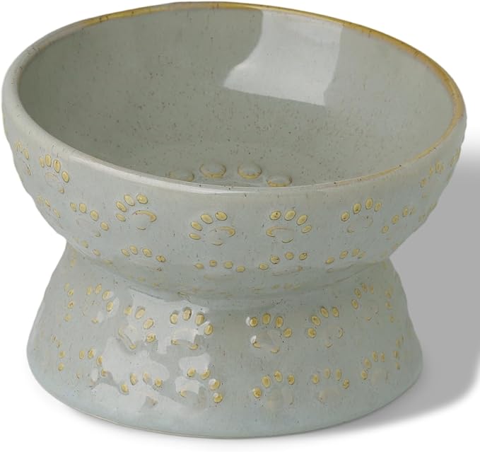 Ceramic Tilted Elevated Small Cat Bowl, for Fat Faced Cat, Kitten, Grey | 15° Tilted Elevated Design,5oz Small Meal Capacity,Chin-Friendly Ceramic,Paw Print by GDCZ