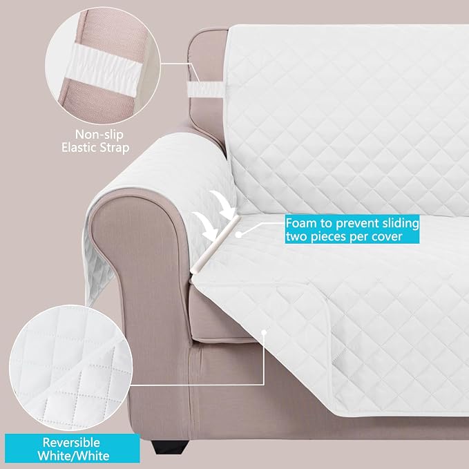 U-NICE HOME Loveseat Sofa Cover for 2 Cushion Couch, White | 45''Loveseat Cover Washable, Pet Friendly, Elastic Straps, Water Repellent, Furniture Protector for 2 Cushion - Image 3