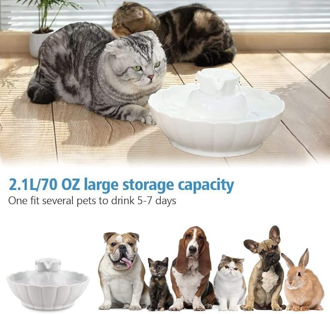 iPettie Tritone Ceramic Cat Water Fountain, Heavy-Duty Waterer for Pets | 2.1 Liters / 2.2 Quart Filtered Water Purifier with Replacement Filters and Foam, White - Image 2