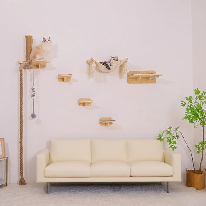 Cat Wall Shelves, Large Wall-Mounted 6-in-1 cat Furniture Set (Climbing Rope+Sisal Scratching Post+Macrame Resting Hammock+Interactive Toys Ball+Feeding Bowls Station+3 Wall Steps) for Indoor Kitties - Image 7